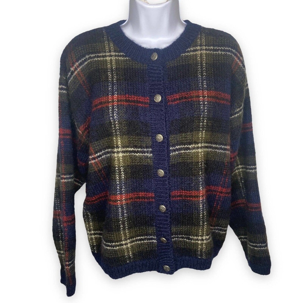 VTG Christopher & Banks Womens Medium Wool Blend Cardigan Sweater Plaid Buttons